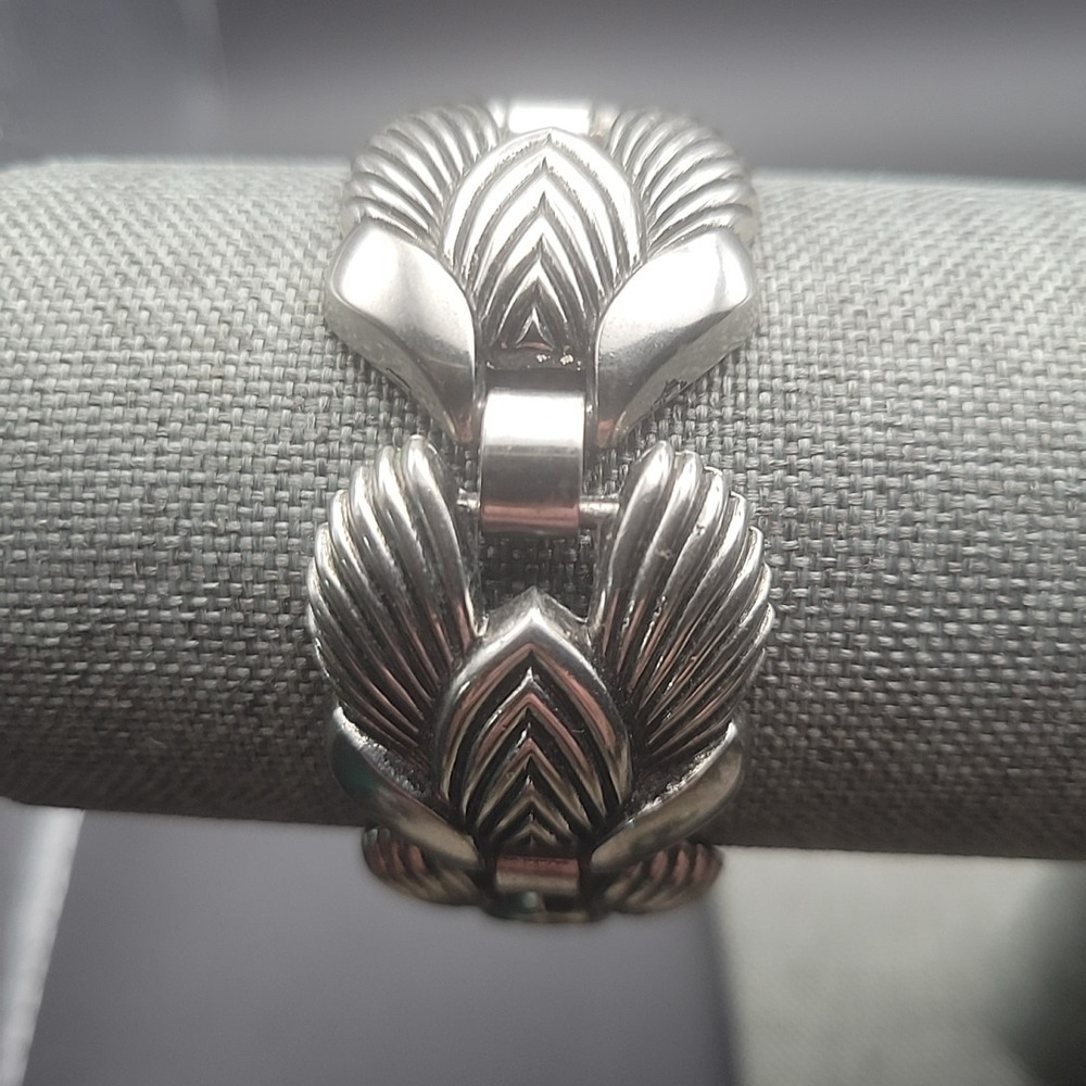 Vintage 1950s Silver Tone Panel Bracelet Art Deco Shell Design 7.25" Retro Glam